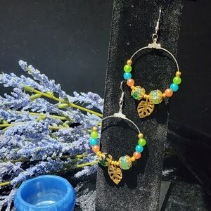 Handmade Gold and Green Beaded Leaf Earrings